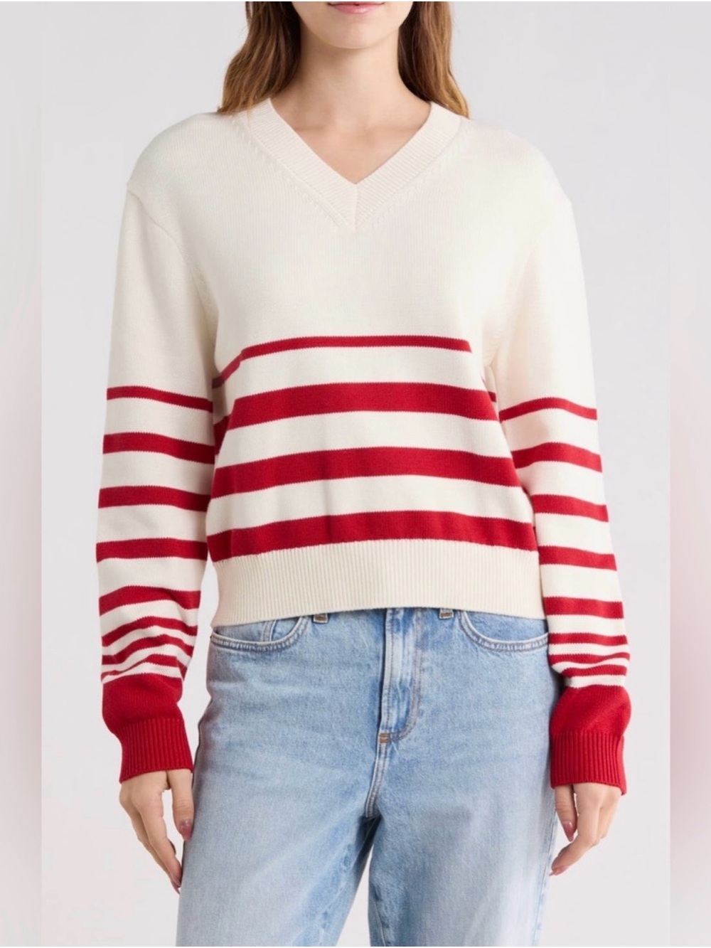 NWT! French Connection Cream and Red Striped V-Neck Pullover
